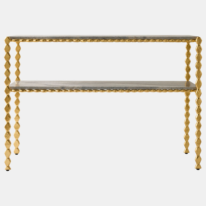 Global Views Pinkered Console Table - Pistachio Mist Marble & Gold Leaf