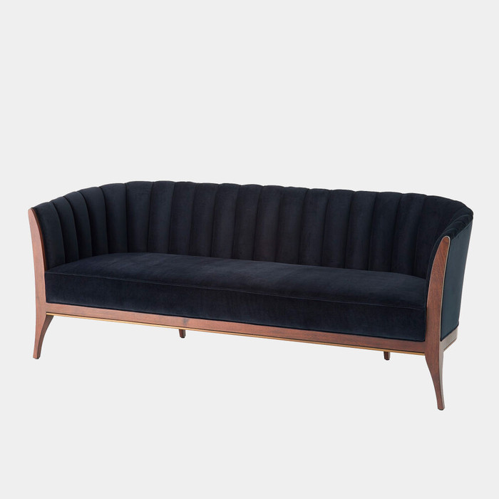 Global Views Connor Channel Back Sofa - Black Velvet & Walnut