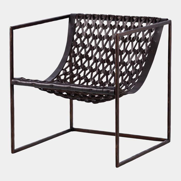 Global Views Knit and Pearl Chair - Bronze & Dark Brown Leather