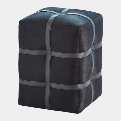 Global Views Belted Pouf - Black Hair-on-Hide Leather