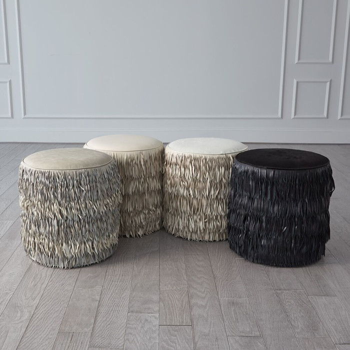 Global Views Thelma Fringe Ottoman - Light Gray Marbled Leather