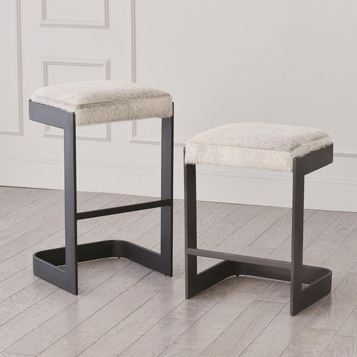 Global Views Regan Barstool with Gray Hair-on-Hide - Graphite