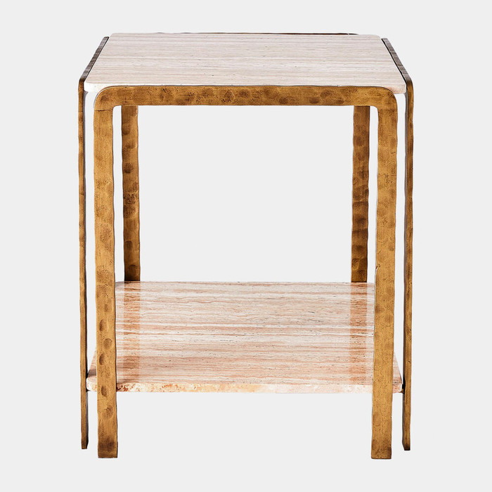 Global Views Kraft Side Table - Light Bronze & Travertine