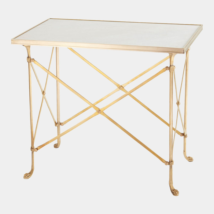 Global Views Rectangular Directoire Table - Brass & White Honed Marble