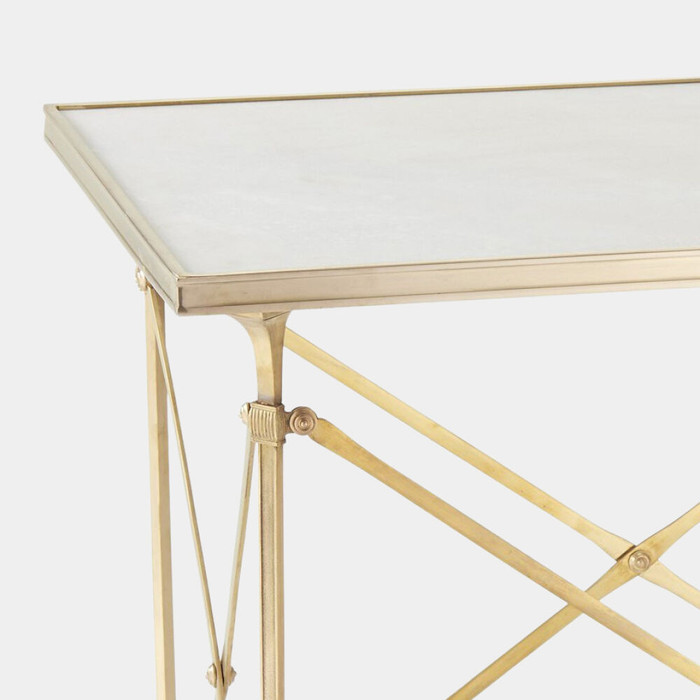 Global Views Rectangular Directoire Table - Brass & White Honed Marble