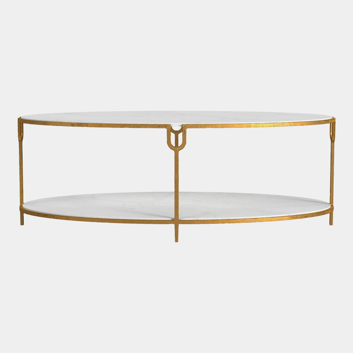 Global Views Harrington Oval Coffee Table - Gold Iron & Honed White Marble