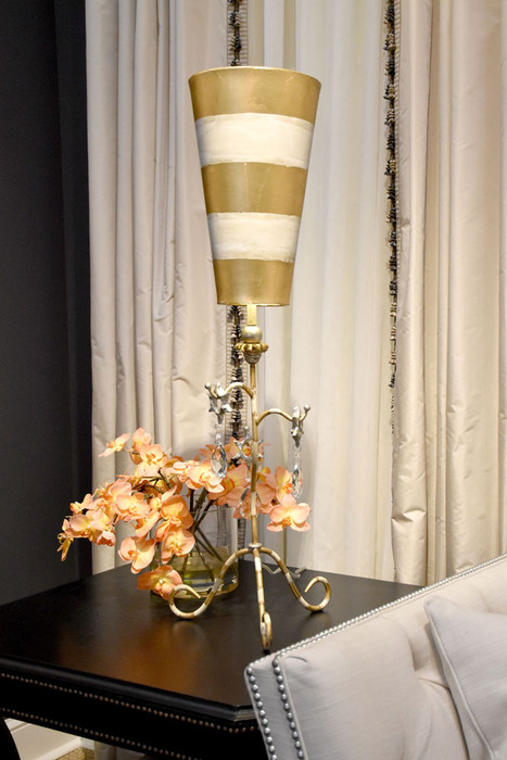 Lucas + McKearn Tivoli 38" Table Lamp in Gold Leaf with Cream Striped Stem, Cut Glass Accents and Inverted Cone Shade