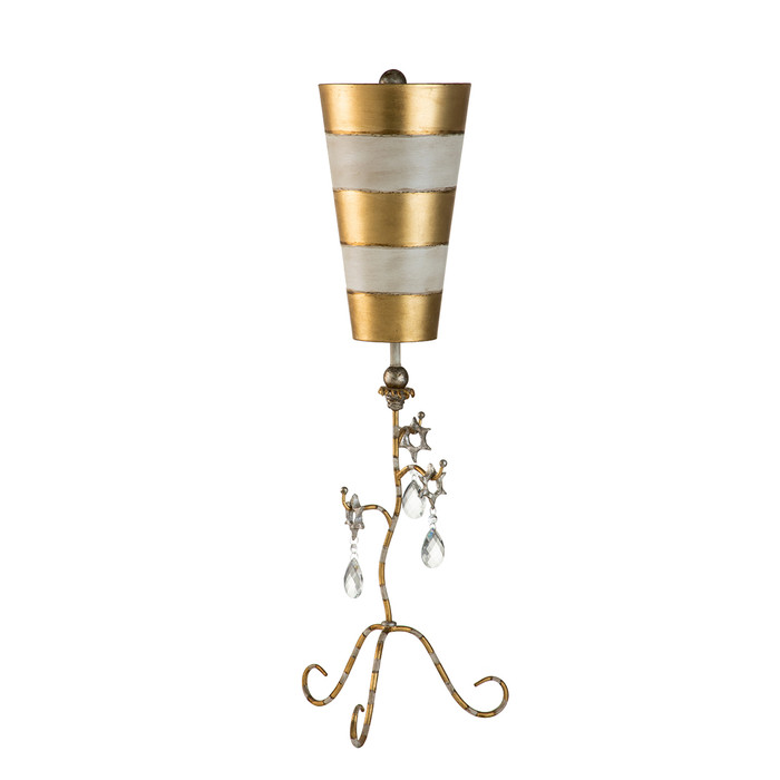 Lucas + McKearn Tivoli 38" Table Lamp in Gold Leaf with Cream Striped Stem, Cut Glass Accents and Inverted Cone Shade