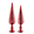 Set Of 2 Red Ribbed Mercury Glass Led Trees On Pedestals