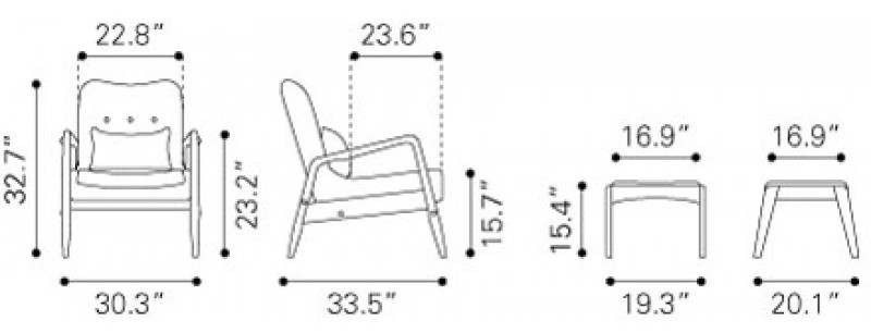 Zuo Modern Bully Lounge Chair & Ottoman Black Dimensions