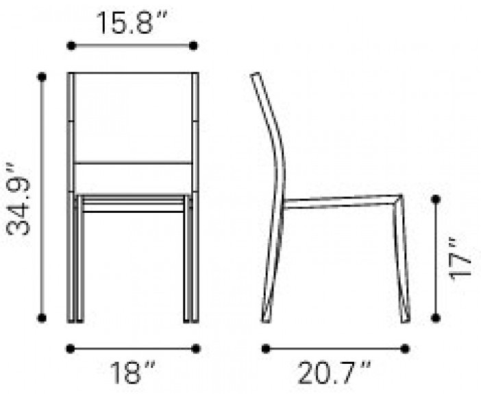 Zuo Modern Metropolitan Dining Armless Chair Brushed Aluminum Dimensions