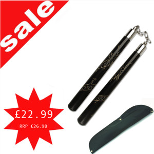 Wooden Deluxe Black Carved Dragon Nunchaku And Nunchaku Case Set