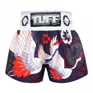 TUFF Muay Thai Shorts Navy Blue Japanese Drawing Crane Birds TUFF Muay Thai Shorts Navy Blue Japanese Drawing Crane Birds
