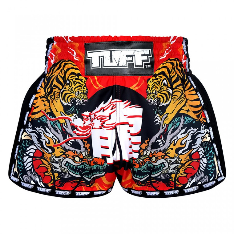 TUFF Muay Thai Shorts Retro Style Red Chinese Dragon and Tiger
