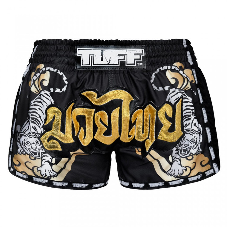 TUFF Muay Thai Shorts Retro Style Black Double Tiger With Gold Text