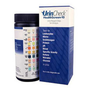 Urinalysis Test Kit UrinCheck HealthScreen-10 Bilirubin, Blood, Glucose, Ketone, Leukocytes, Nitrite, pH, Protein, Specific Gravity, Urobilinogen 100 Tests CLIA Waived UC81200 Bottle of 100