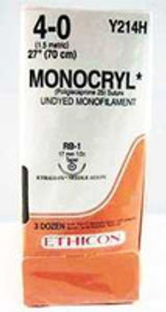 Absorbable Suture with Needle Monocryl Poliglecaprone RB-1 1/2 Circle Taper Point Needle Size 4 - 0 Monofilament Y214H Box of 36