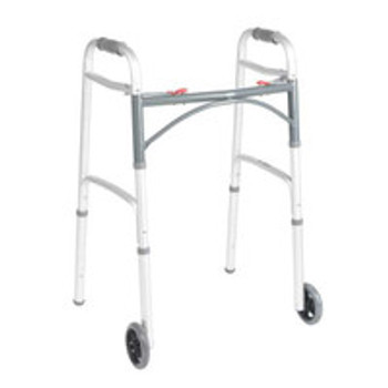 Drive 10211-4ASM Dual Release Folding Walker with Wheels, Two Button with 5'' Wheels, Adjustable Height, Pack of 1