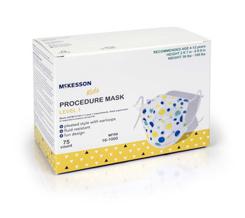 Procedure Mask McKesson Pleated Earloops Child Size Kid Design Blue and Yellow Polka Dot NonSterile ASTM Level 1 Pediatric 16-1000 Box/75