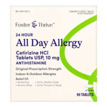 Foster & Thrive All Day Allergy Relief, Cetirizine HCL 10 mg Strength, 90 Tablets per Box, Box of 1