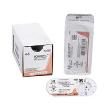 Absorbable Suture with Needle Monocryl Poliglecaprone P-3 3/8 Circle Precision Reverse Cutting Needle Size 4 - 0 Monofilament Y464G Box of 12