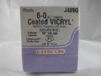 Absorbable Suture with Needle Coated Vicryl Polyglactin 910 P-1 3/8 Circle Precision Reverse Cutting Needle Size 6 - 0 Braided J489G Box of 12