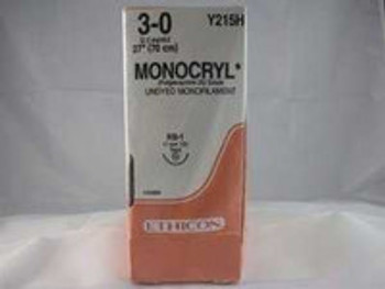 Absorbable Suture with Needle Monocryl Poliglecaprone RB-1 1/2 Circle Taper Point Needle Size 3 - 0 Monofilament Y215H Box of 36
