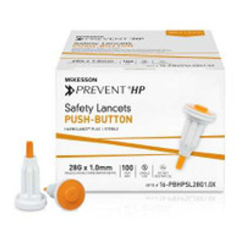 Safety Lancet McKesson Prevent® HP 28 Gauge Retractable Push Button Activation Finger 16-PBHPSL28G1.0X Box of 100