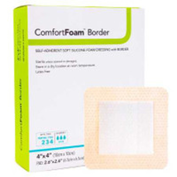 ComfortFoam Border Foam Dressing  Size 4 x 4'' Square  Waterproof Backing, Silicone Adhesive  Sterile, Box of 10