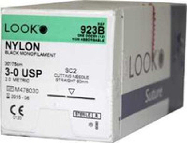 Nonabsorbable Suture with Needle LOOK® Nylon SC-2 Straight Conventional Cutting Needle Size 3 - 0 Monofilament 923B Box of 1