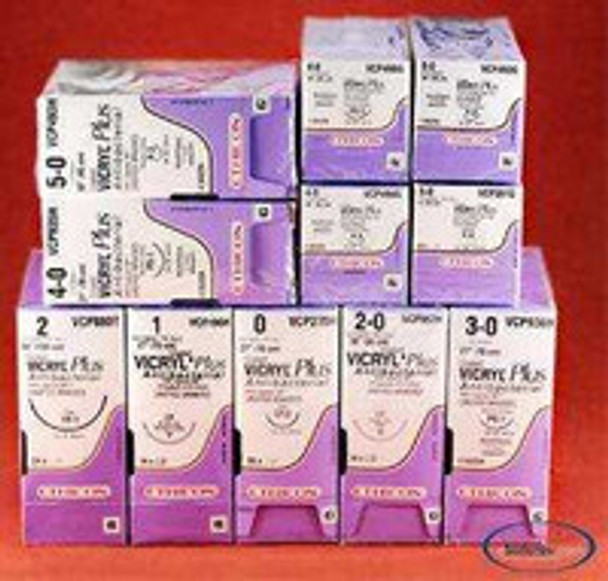 Absorbable Antibacterial Suture with Needle Coated Vicryl Plus Polyglactin 910 with Irgacare MP Antibacterial Suture P-3 3/8 Circle Precision Reverse Cutting Needle Size 4 - 0 Braided VCP494G Box of 12