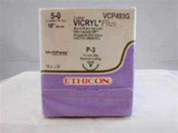 Absorbable Antibacterial Suture with Needle Coated Vicryl Plus Polyglactin 910 with Irgacare MP Antibacterial Suture P-3 3/8 Circle Precision Reverse Cutting Needle Size 5 - 0 Braided VCP493G Box of 12