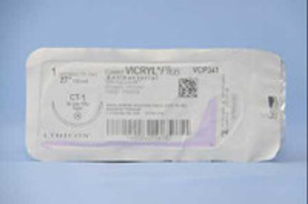 Absorbable Antibacterial Suture with Needle Coated Vicryl Plus Polyglactin 910 CT-1 1/2 Circle Taper Point Needle Size 1 Braided VCP341H Box of 36