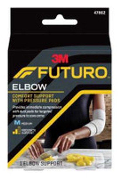Elbow Support with Pressure Pads 3M Futuro Medium Pull-On / Hook and Loop Strap Closure Sleeve Left or Right Elbow 10 to 11 Inch Elbow Circumference Gray 47862ENR Pack of 1