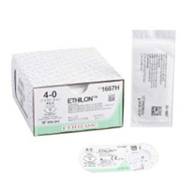 Nonabsorbable Suture with Needle Ethilon Nylon PS-2 3/8 Circle Precision Reverse Cutting Needle Size 4 - 0 Monofilament 1667H Box of 36