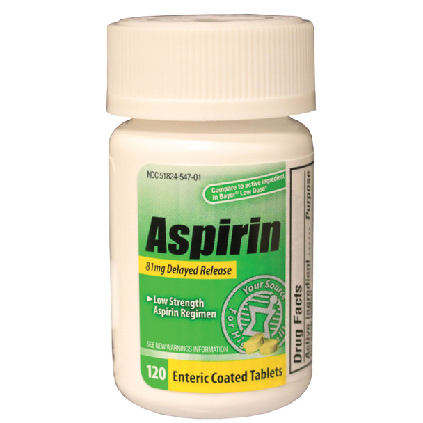 ASP81120 New World Imports. Aspirin, Adult, Low Dose 81mg, Enteric Coated Tablets, 120/btl, 24 btl/cs, Compare to the Active Ingredient in Bayer® Low Dose (Not Available for sale into Canada) (cs)