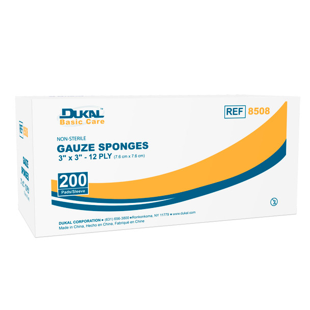 8508 Dukal Corporation. Gauze Sponge, 3" x 3", Non-Sterile, 12-Ply, 200/bg, 20 bg/cs (70 cs/plt) (cs)