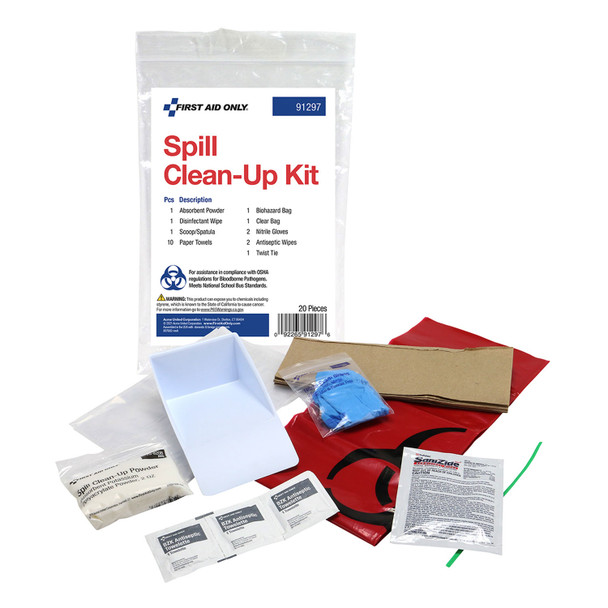 91297 First Aid Only/Acme United Corporation. Spill Clean-Up Kit, 20 Piece, Includes: (1) Absorbent Powder, (1) Disinfectant Wipe, (1) Scoop/Spatula, (10) Paper Towels, (1) Biohazard Bag, (1) Clear Bag, (2) Nitrile Gloves, (2) Antiseptic Wipes and