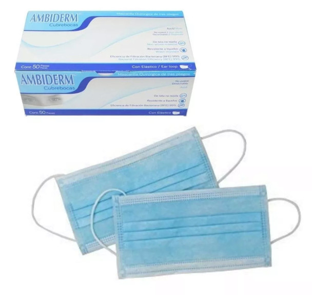Ambiderm Earloop Surgical 3-Ply Face Mask, BFE 99%, Fluid Repellent, 3 Layers, 50/box