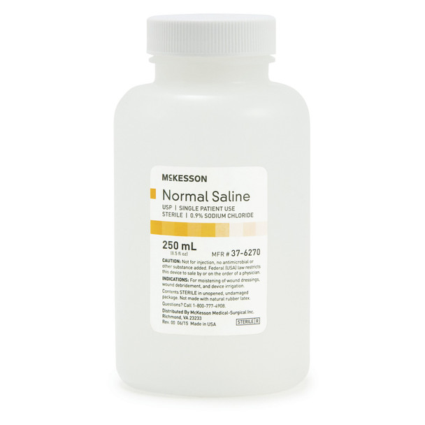 37-6270 McKesson. Irrigation Solution McKesson 0.9% Sodium Chloride Not for Injection Bottle, Screw Top 250 mL SALINE, IRR SOL STR 250ML (24/CS)