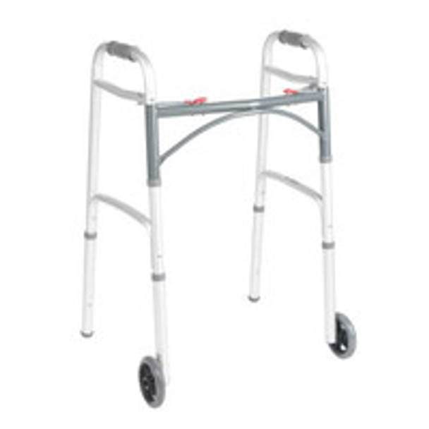 Drive 10211-4ASM Dual Release Folding Walker with Wheels, Two Button with 5'' Wheels, Adjustable Height, Pack of 1