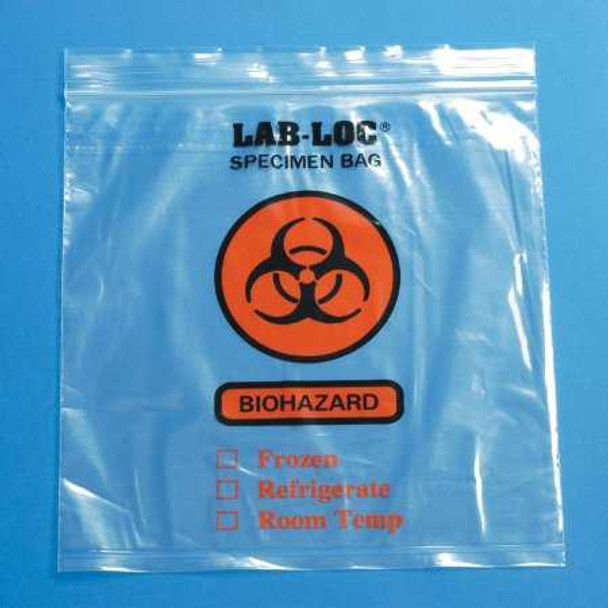 Specimen Transport Bag with Document Pouch Lab-Loc 8 X 10 Inch LDPE Zip Closure Biohazard Symbol / Storage Instructions NonSterile LAB20810 Pack/100