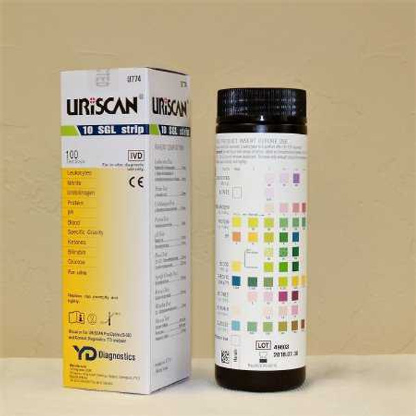 Urinalysis Reagent Uriscan® Bilirubin, Blood, Glucose, Ketone, Leukocytes, Nitrite, pH, Protein, Specific Gravity, Urobilinogen For CONSULT Urine Analyzer 773 / SELECT Urine Analyzer 505 / Uriscan Optima Touch-Screen Urine Analyzer U774 Bottle of 1