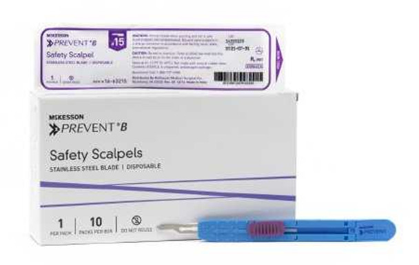 McKesson Prevent B Safety Scalpel Size 15 Stainless Steel / Plastic Plastic Sterile Disposable 16-63215 Case/200