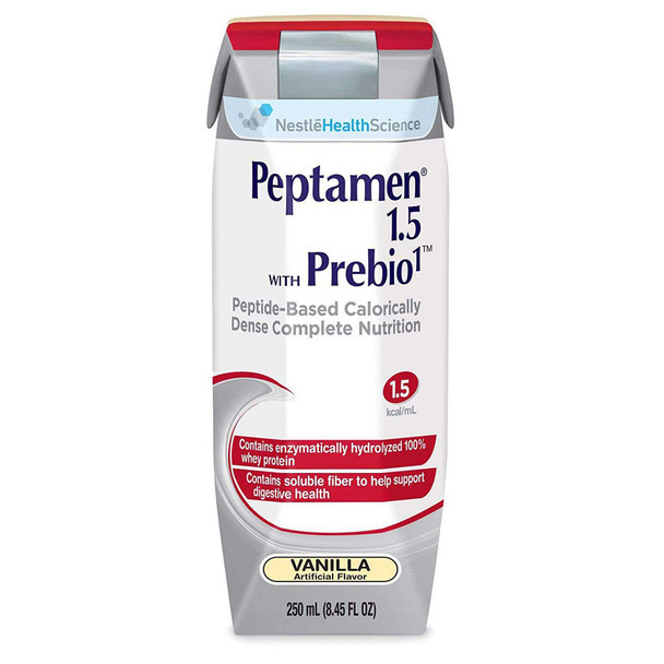 Peptamen 1.5 with Prebio 1 Peptide-Based Complete Nutrition for Lactose Intolerance, Whey Protein, Vanilla, 375 Calories, 8.45 oz per Bottle, Case of 24 Bottles