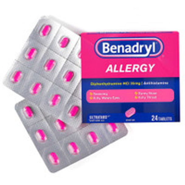 Benadryl Allergy Relief Diphenhydramine HCl 25 mg Strength, Small-size Tabs, 24 Tablets per Box, Case of 24 Boxes