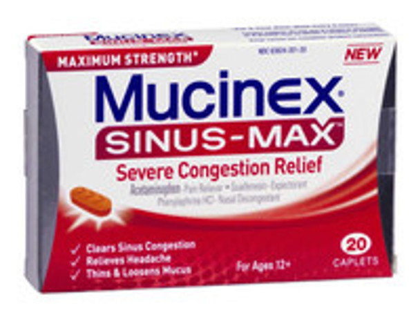 Cold and Sinus Relief Mucinex® Sinus-Max® 325 mg - 100 mg - 5 mg Strength Caplet 20 per Box 36382420120 Carton of 20