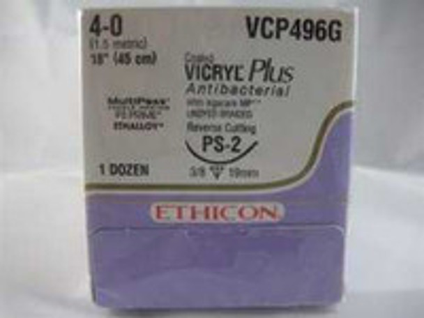 Absorbable Antibacterial Suture with Needle Coated Vicryl Plus Polyglactin 910 with Irgacare MP Antibacterial Suture PS-2 3/8 Circle Precision Reverse Cutting Needle Size 4 - 0 Braided VCP496G Box of 12