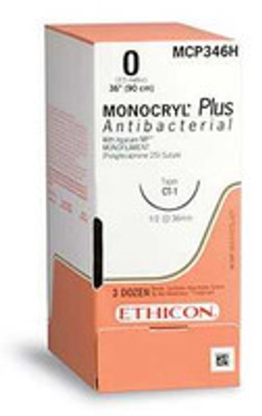Absorbable Antibacterial Suture with Needle Monocryl Plus Poliglecaprone 25 with Irgacare MP Antibacterial Suture PS-1 3/8 Circle Reverse Cutting Needle Size 3 - 0 MCP936H Box of 3