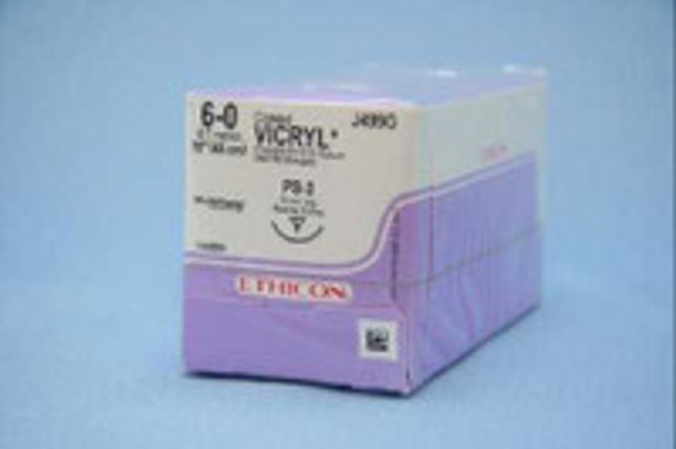 Absorbable Suture with Needle Coated Vicryl Polyglactin 910 PS-3 3/8 Circle Reverse Cutting Needle Size 6 - 0 Braided J499G Box of 12